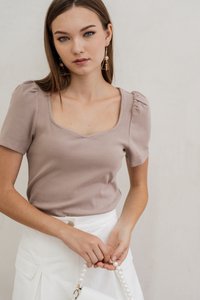 Izabel Ribbed Cotton Sweetheart Top in Khaki (XS)