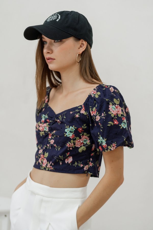 Jasmine Floral Ruched Crop Top in Navy