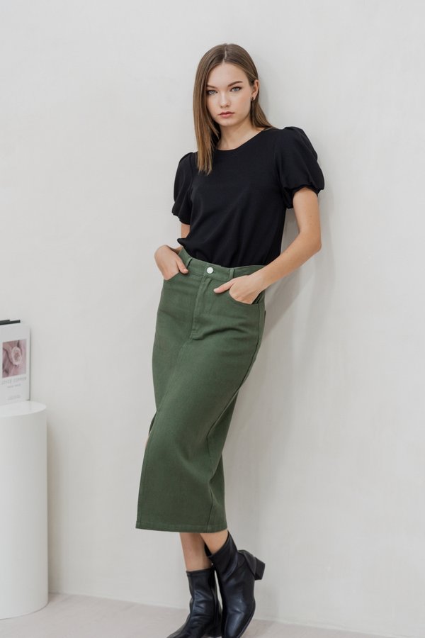 Lexley Denim Midi Skirt in Olive (XS)