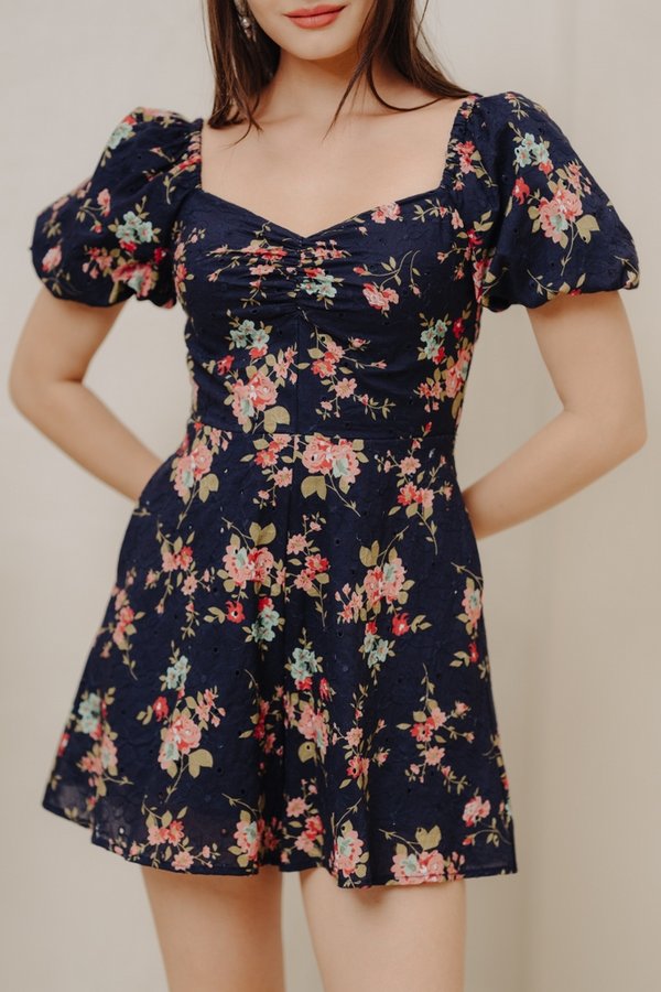 Evie Sweetheart Floral Eyelet Romper in Navy (XS)