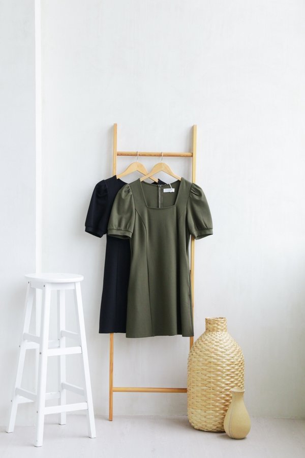 Alisa Square Neck Cotton Dress in Olive (XS)