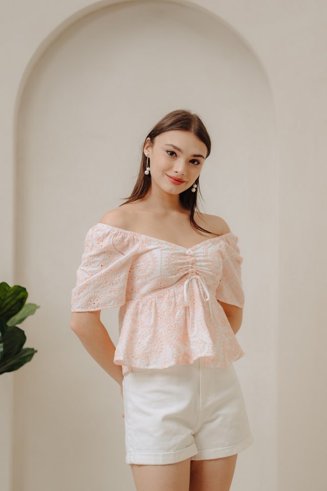 Adalyn Ruched Sweetheart Top in Light Peach Pink