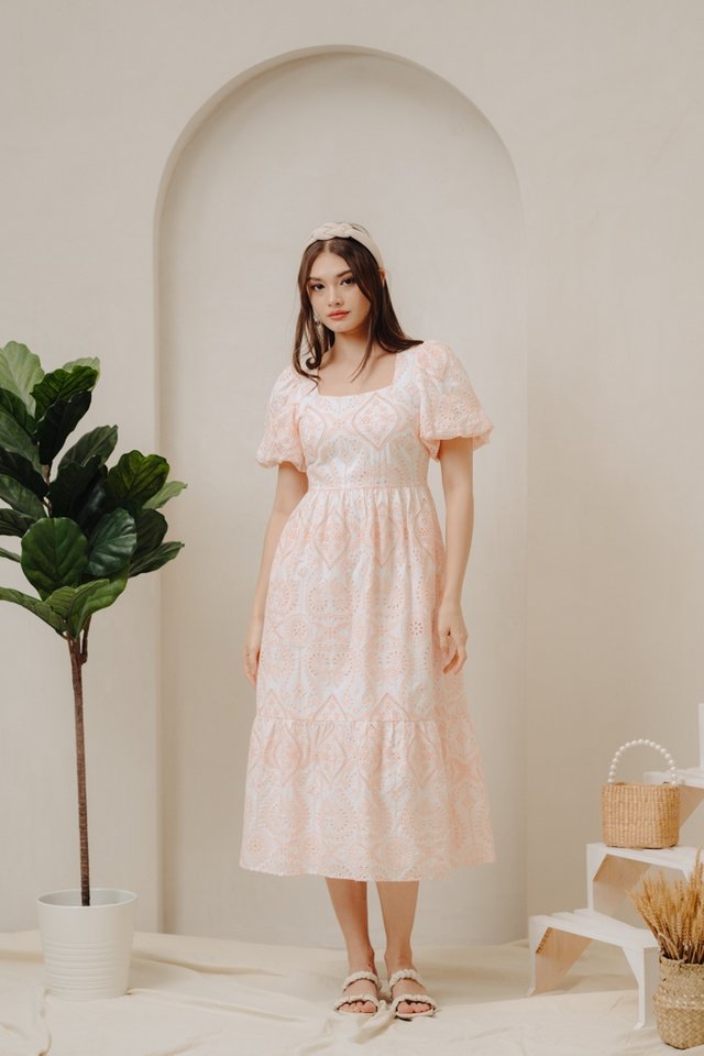 Adalyn Eyelet Puff Sleeve Maxi Dress in Light Peach Pink