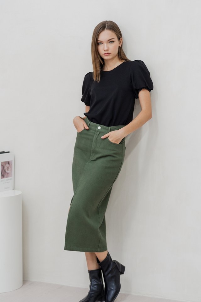Lexley Denim Midi Skirt in Olive