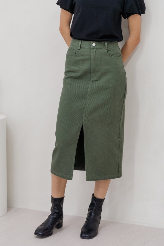 Lexley Denim Midi Skirt in Olive