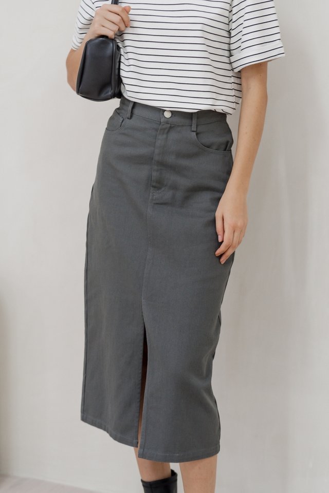Lexley Denim Midi Skirt in Gunmetal Grey