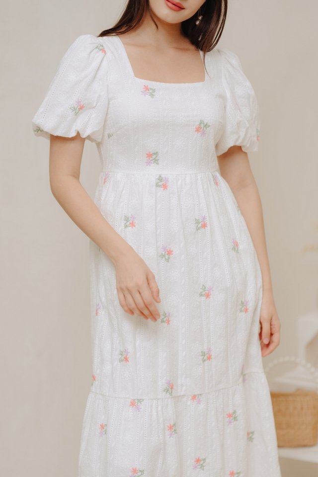 Ivy Embroidered Puff Sleeve Maxi Dress in White