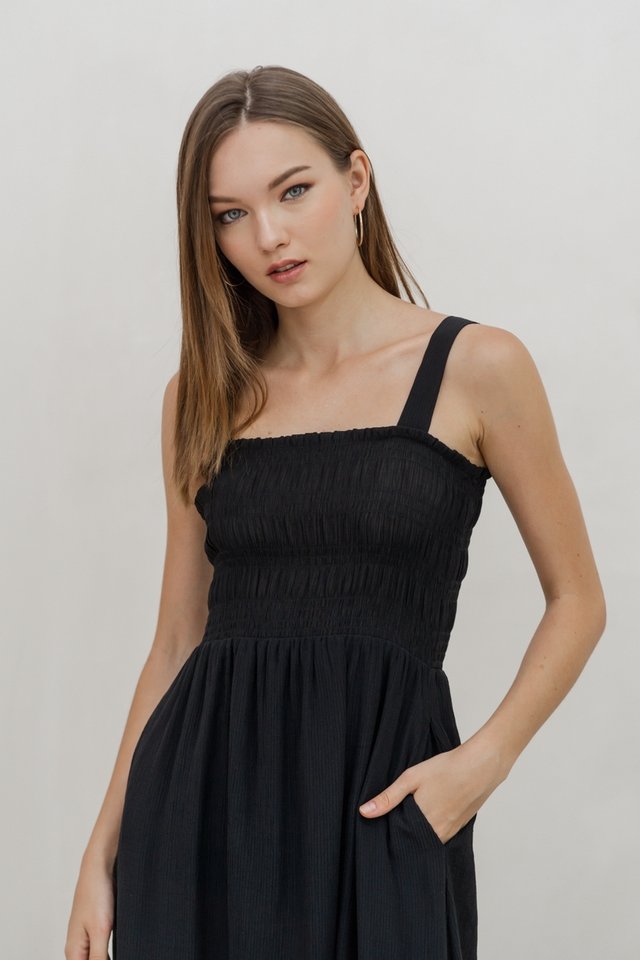 Amelia Smocked Midi Dress in Black