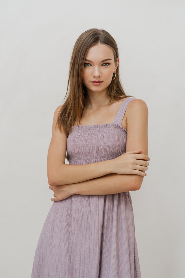 Amelia Smocked Midi Dress in Lavender