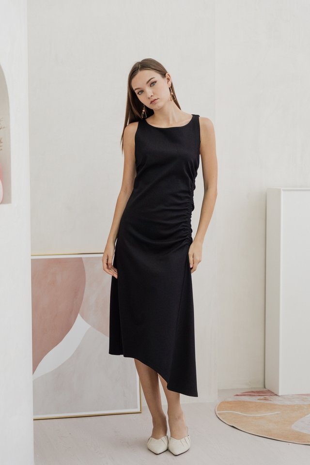 Gisele Side Ruched Asymmetrical Dress in Black
