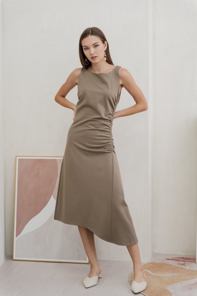 Gisele Side Ruched Asymmetrical Dress in Khaki Brown
