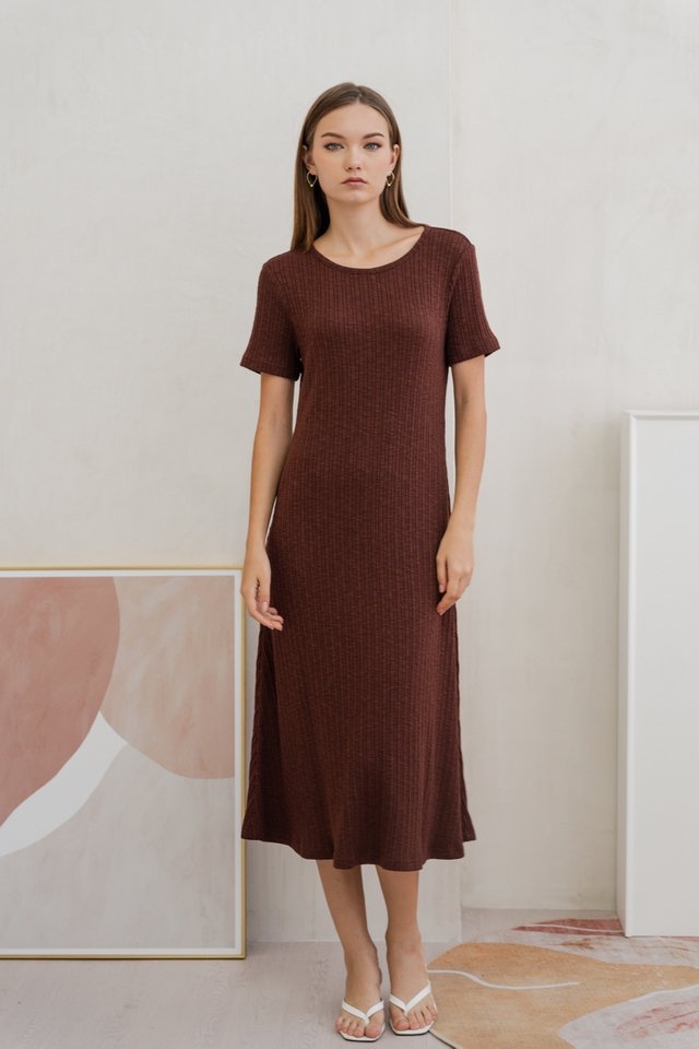 Helena Ribbed Cotton Midi Dress in Brown 