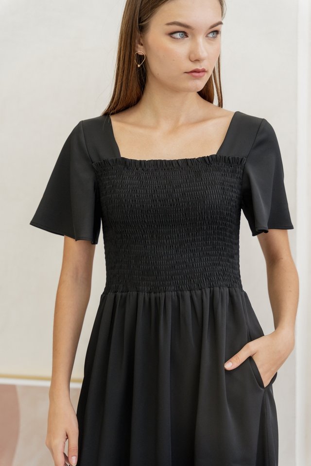 Martha Smocked Sleeve Midi Dress in Black