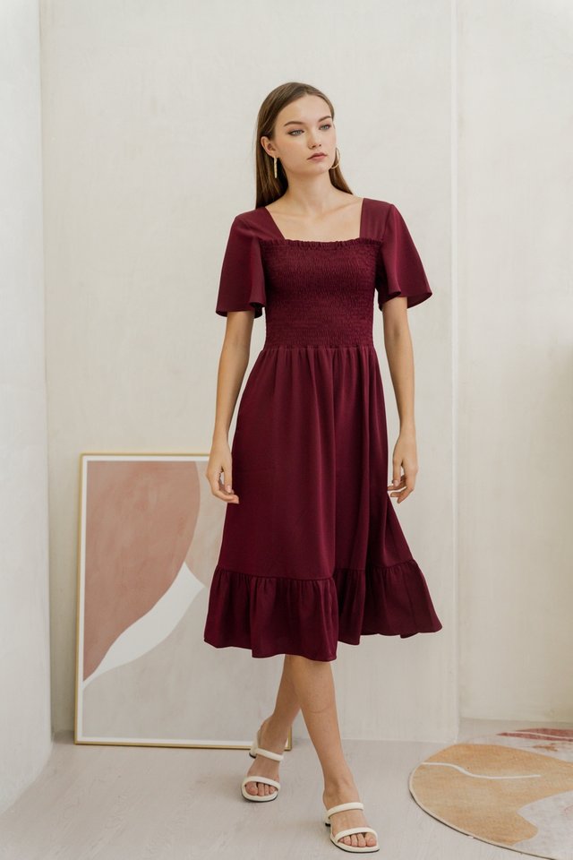 Martha Smocked Sleeve Midi Dress in Wine
