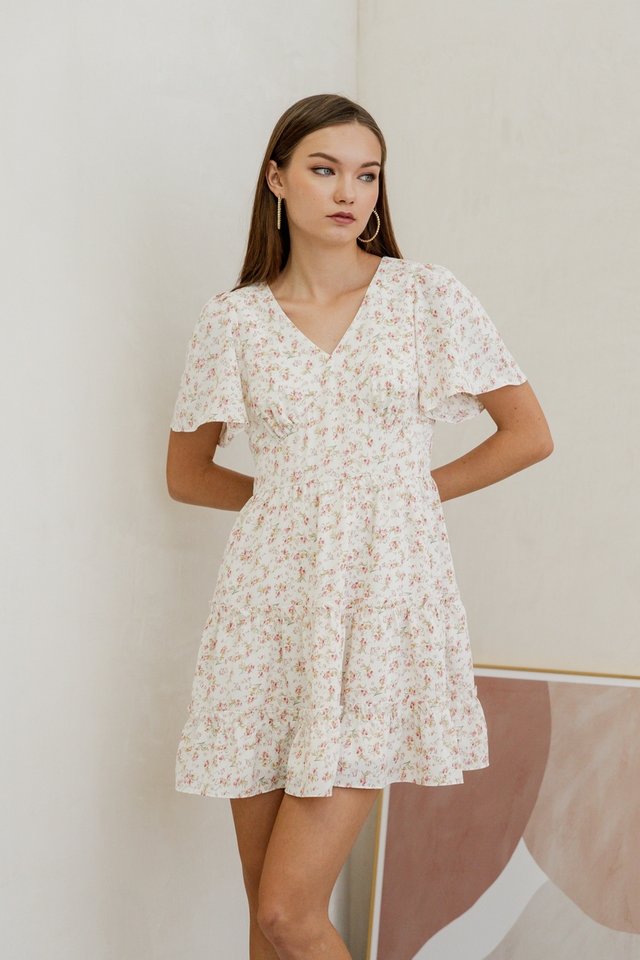 Katy Floral Empire Dress in White