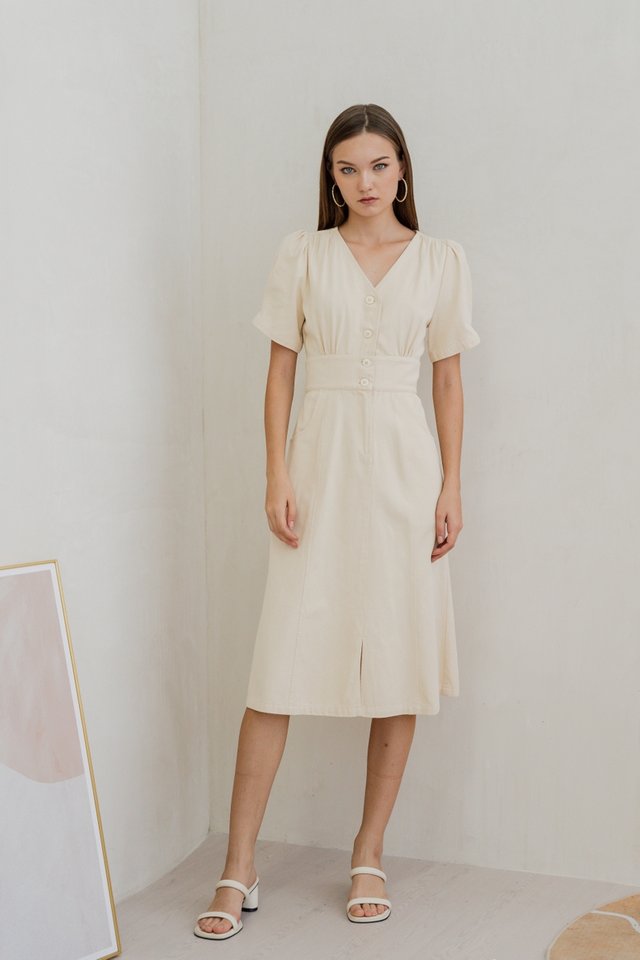 Stella Empire Button Denim Midi Dress in Cream