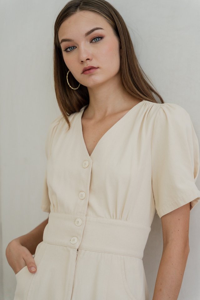 Stella Empire Button Denim Midi Dress in Cream