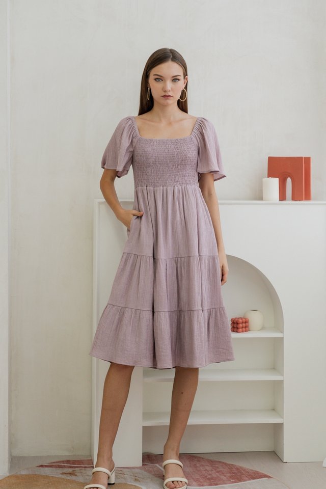 Elle Textured Midi Dress in Lavender 