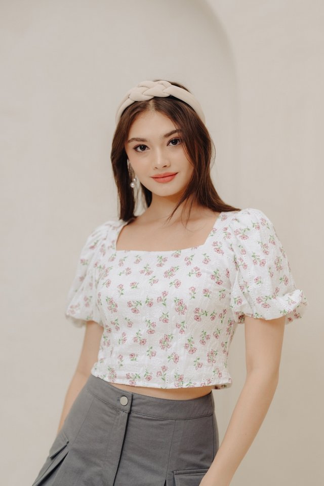 Rebecca Eyelet Floral Crop Top in White
