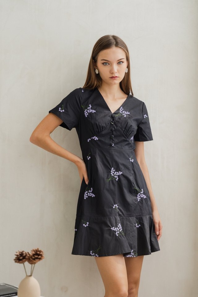 Blossom Floral Embroidery Dress in Black
