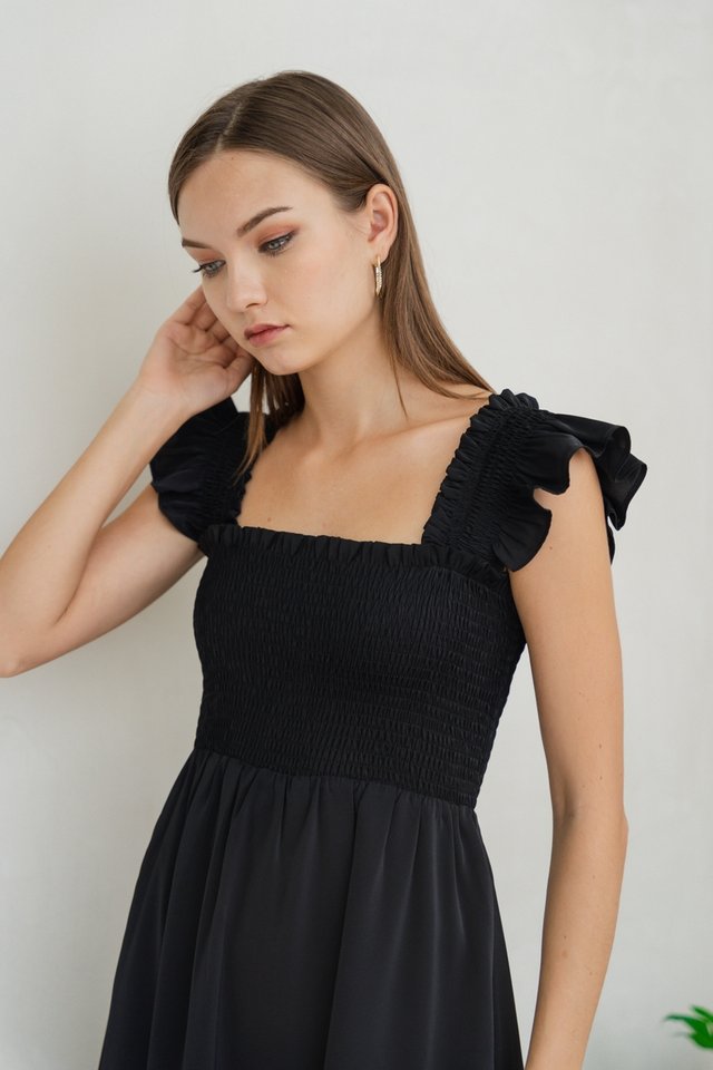 Erin Smocked Ruffle Dress in Black