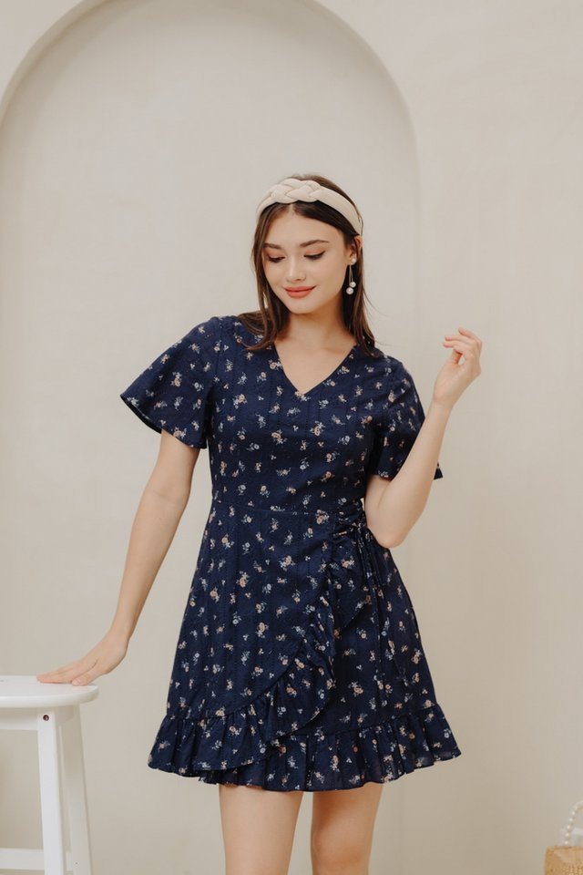 Juliet Floral Signature Ruffle Eyelet Dress in Navy