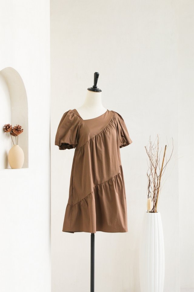 Avery Diagonal Tiered Dress in Brown