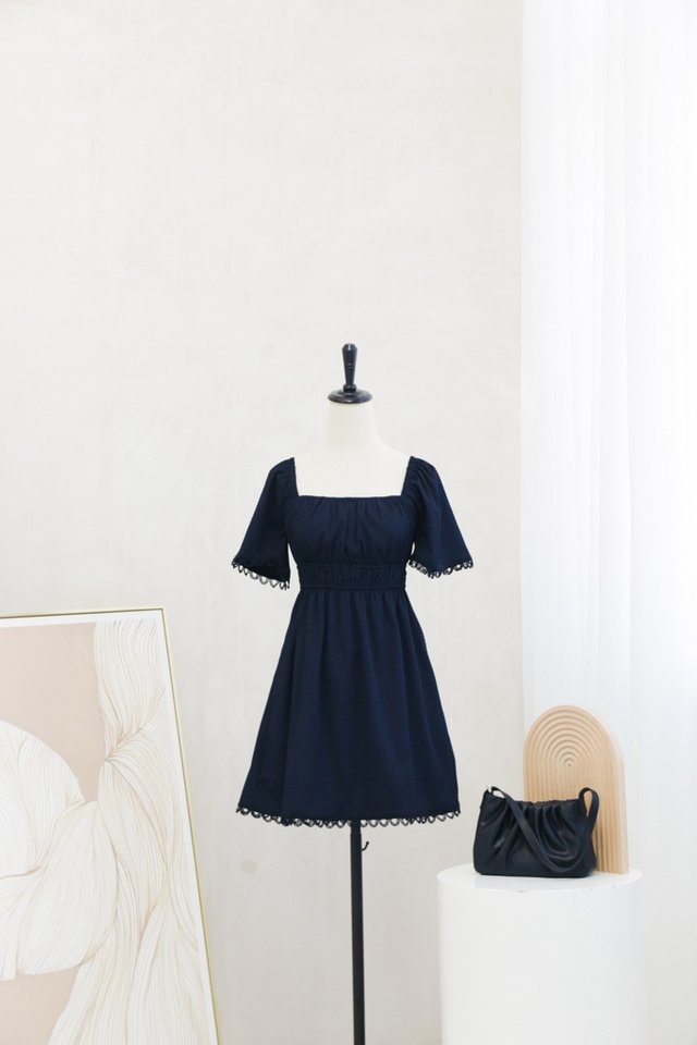 Candice Ruched Textured Dress in Navy