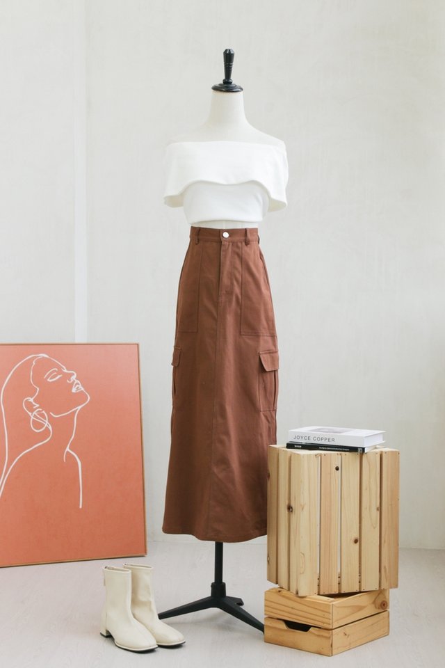Maya Cargo Maxi Skirt in Brick Brown