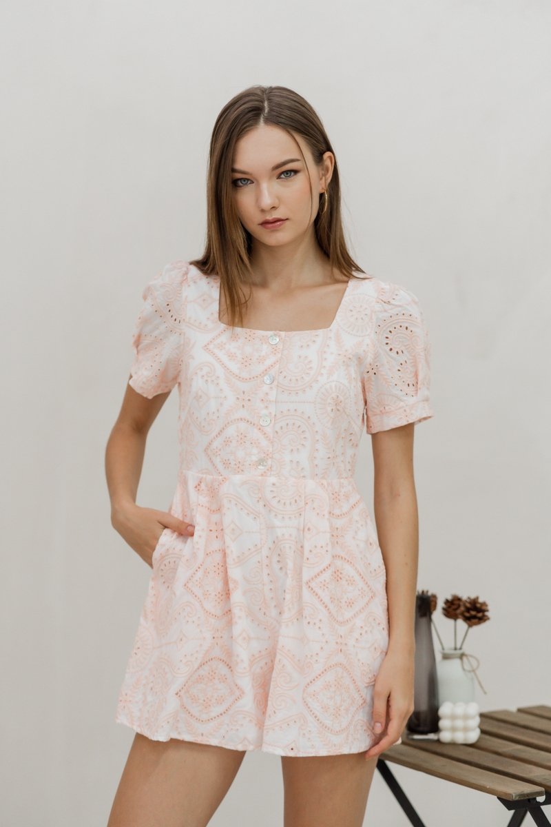 Adalyn Eyelet Romper in Blush Pink (XS)