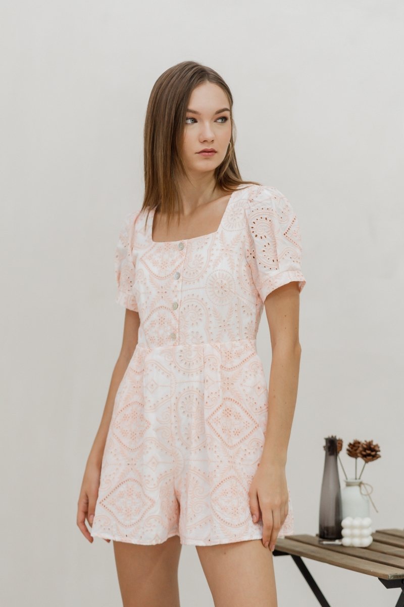 Adalyn Eyelet Romper in Blush Pink (XS)