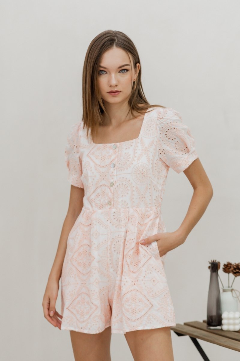 Adalyn Eyelet Romper in Blush Pink (XS)