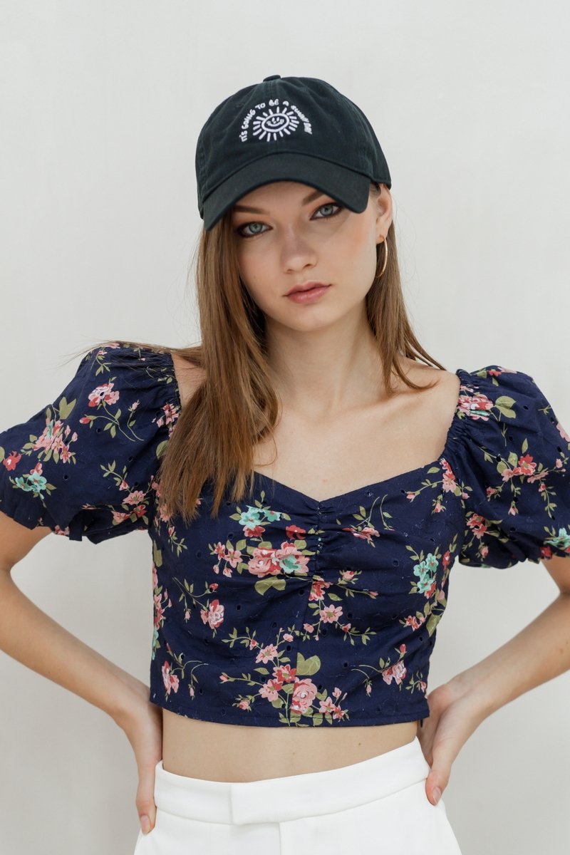 Jasmine Floral Ruched Crop Top in Navy
