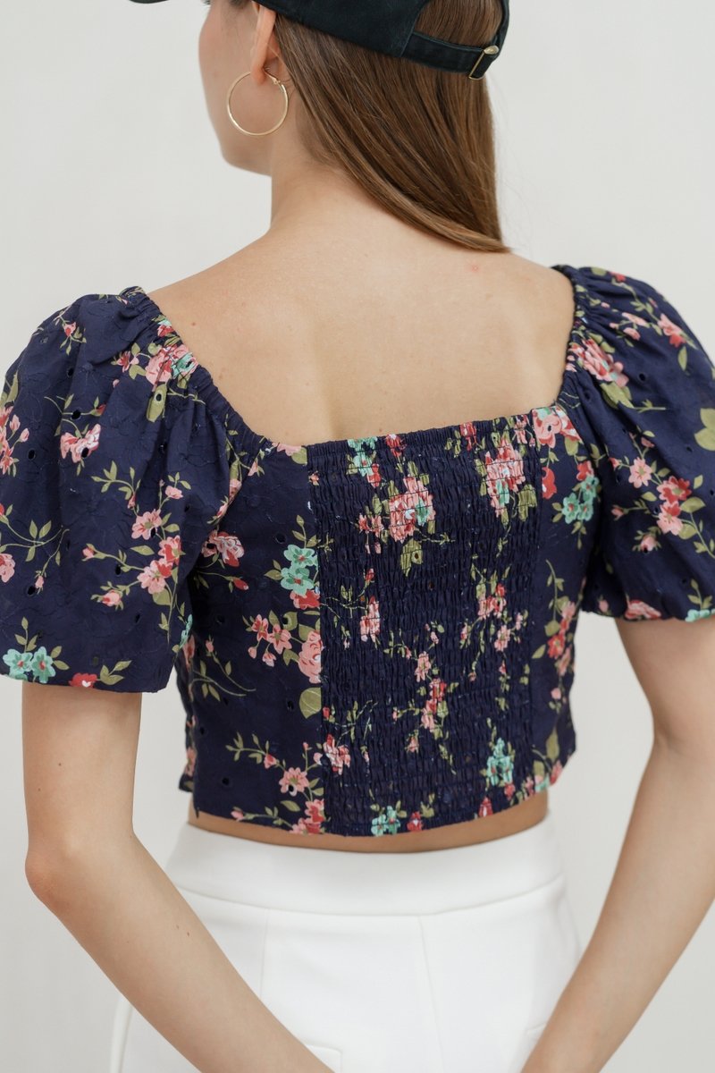 Jasmine Floral Ruched Crop Top in Navy