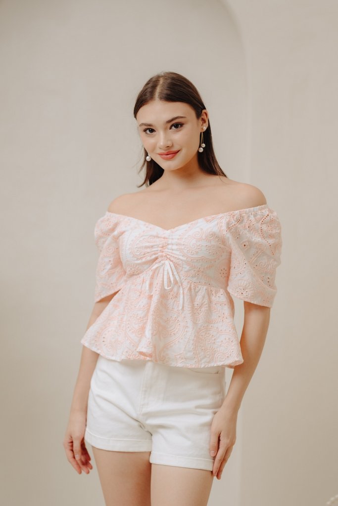 Adalyn Ruched Sweetheart Top in Light Peach Pink (XS)