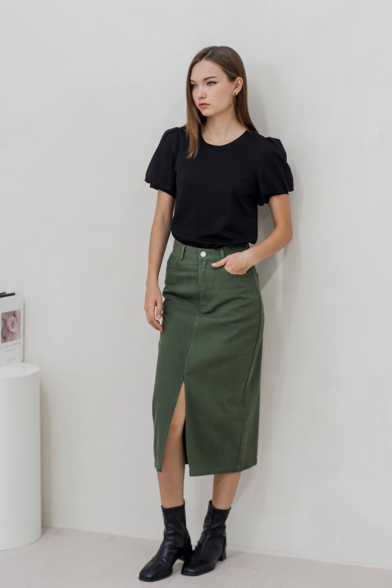Lexley Denim Midi Skirt in Olive (XS)