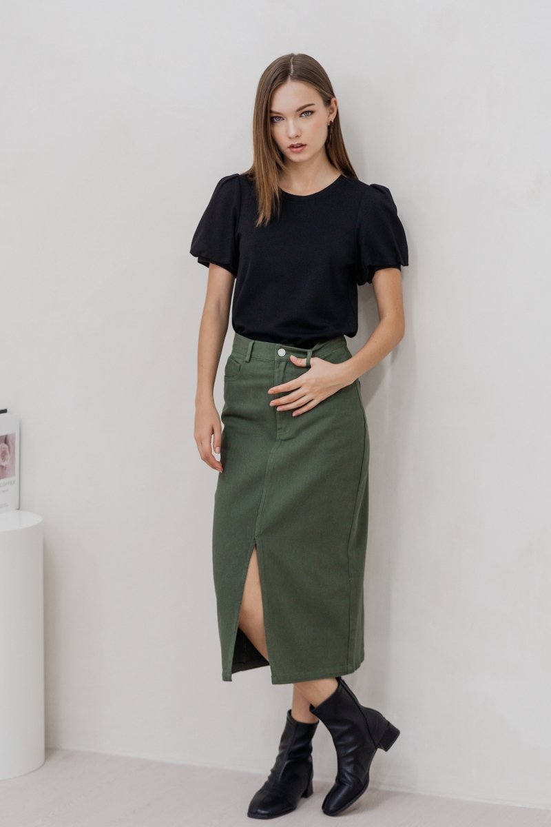 Lexley Denim Midi Skirt in Olive (XS)
