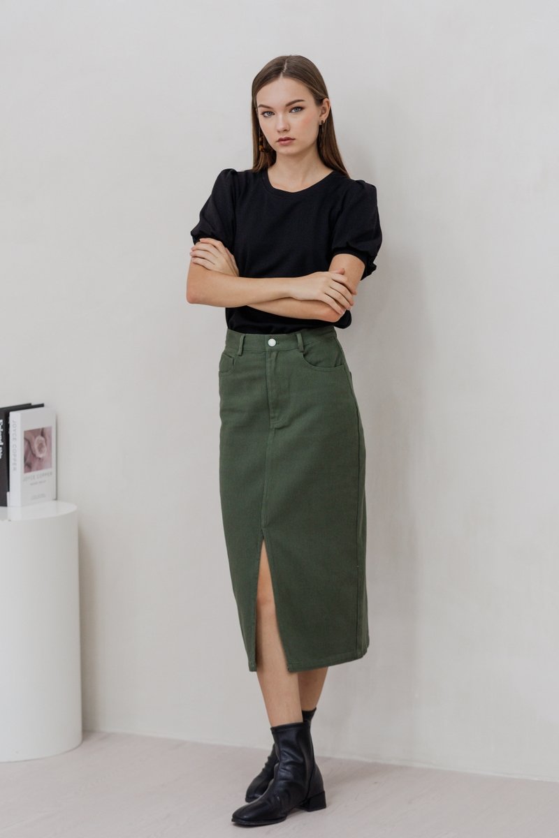 Lexley Denim Midi Skirt in Olive (XS)