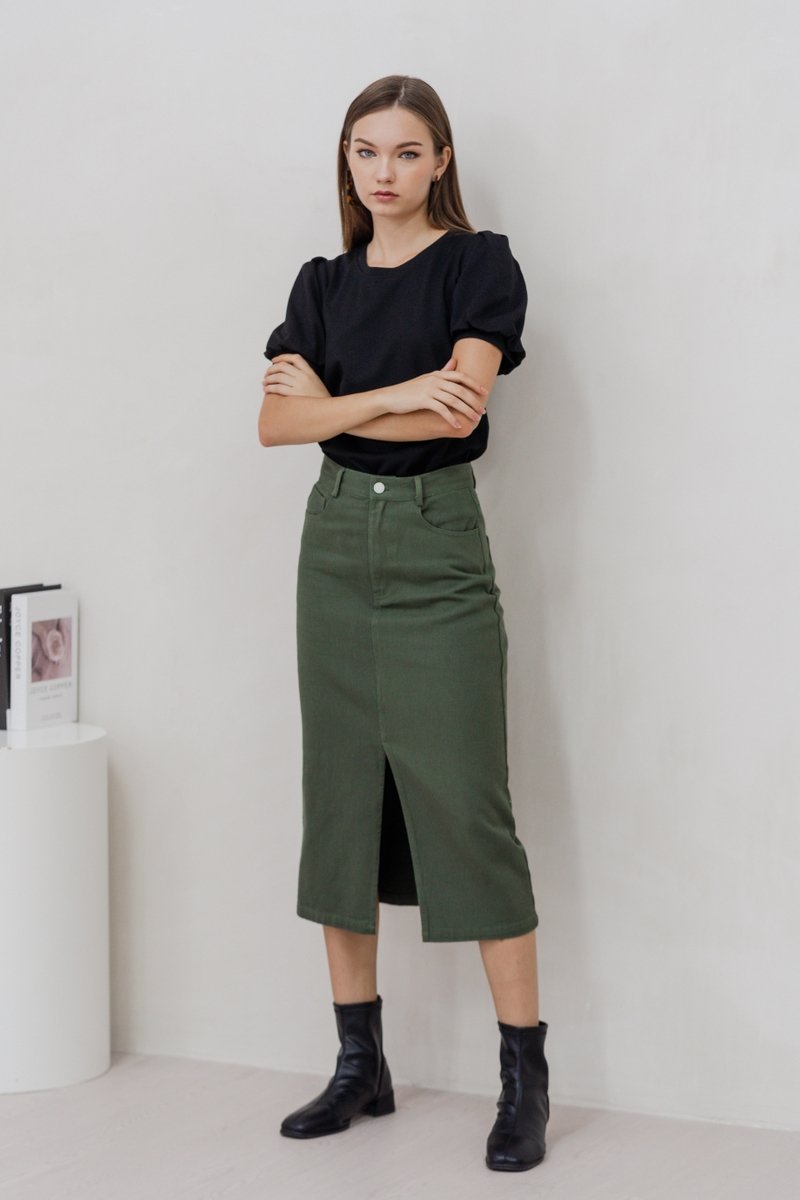 Lexley Denim Midi Skirt in Olive (XS)