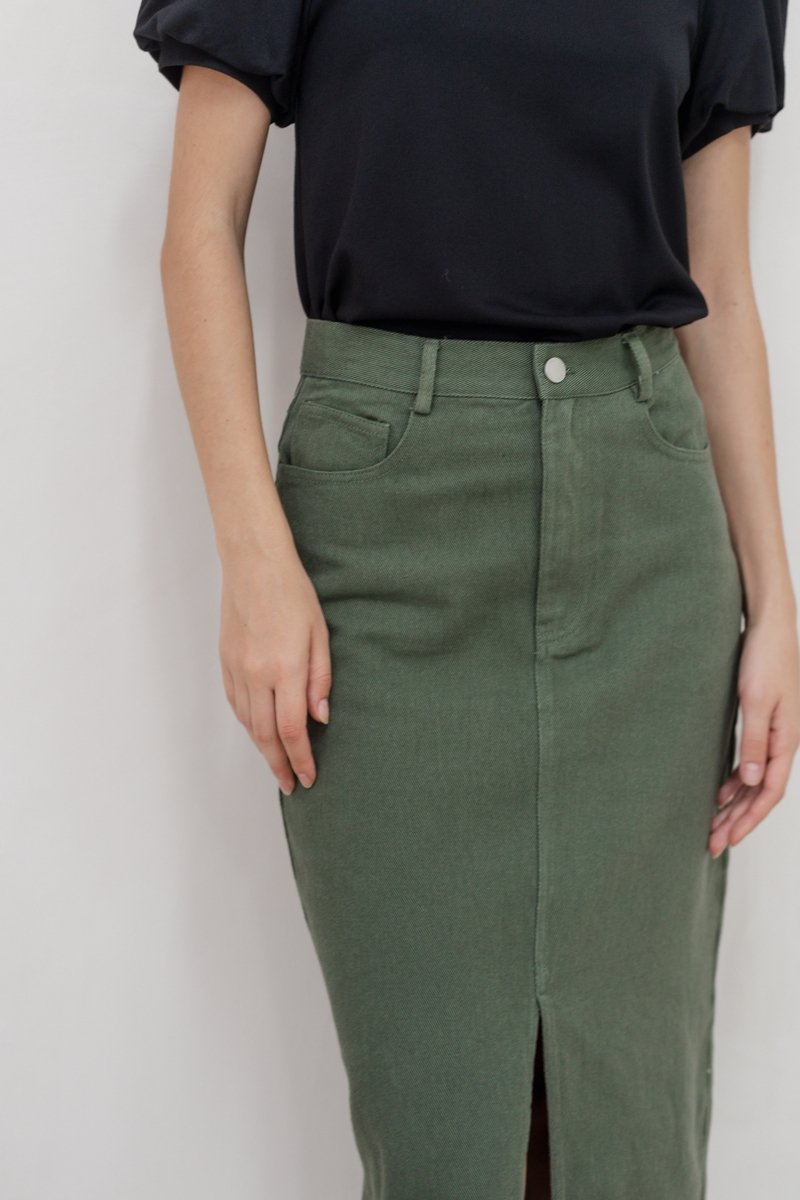 Lexley Denim Midi Skirt in Olive (XS)