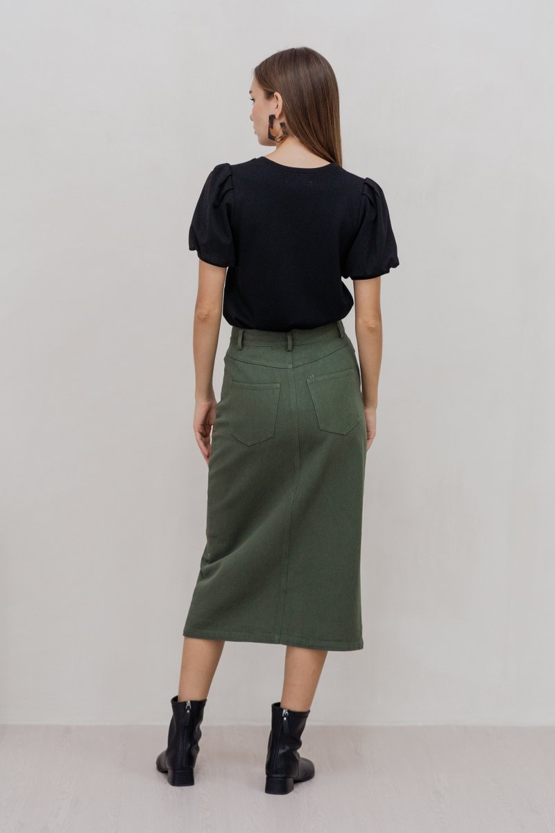 Lexley Denim Midi Skirt in Olive (XS)