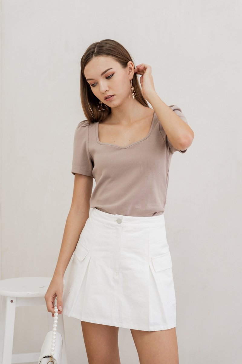Izabel Ribbed Cotton Sweetheart Top in Khaki (XS)