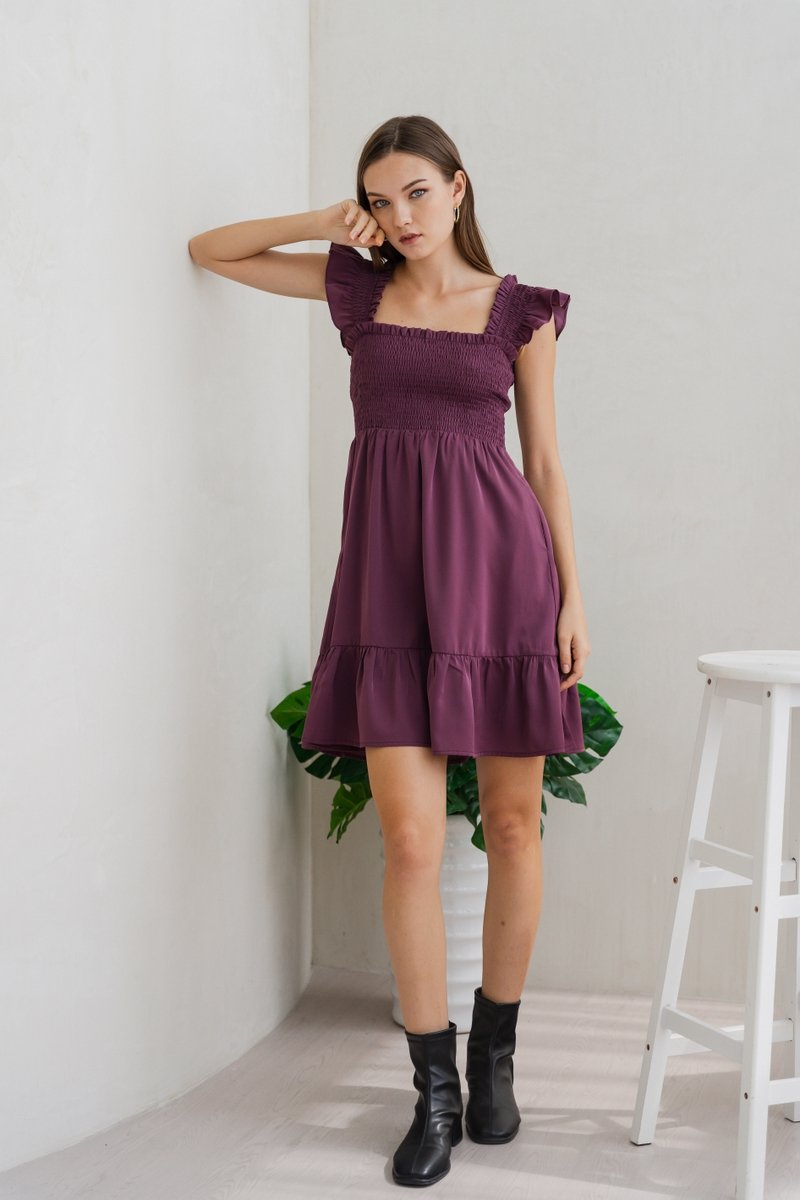 Erin Smocked Ruffle Dress in Deep Purple (XS)