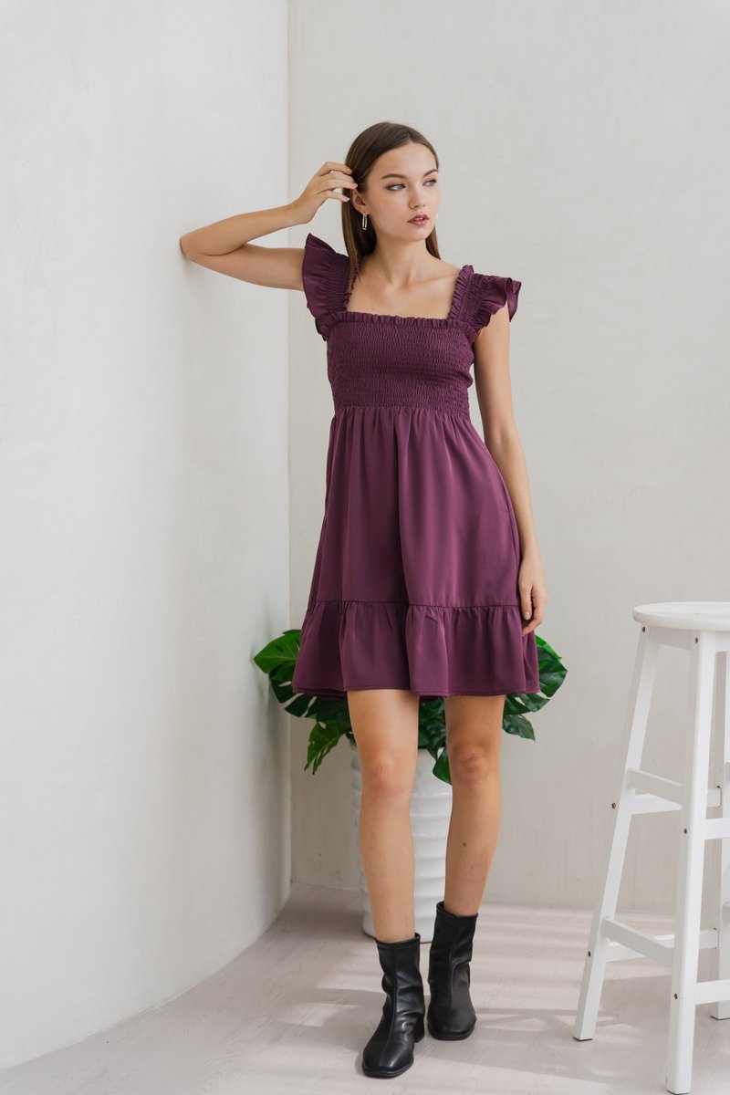Erin Smocked Ruffle Dress in Deep Purple (XS)