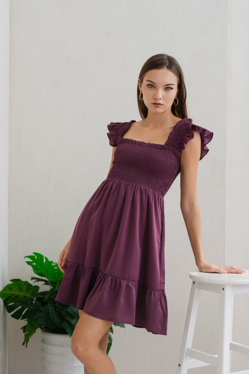 Erin Smocked Ruffle Dress in Deep Purple (XS)