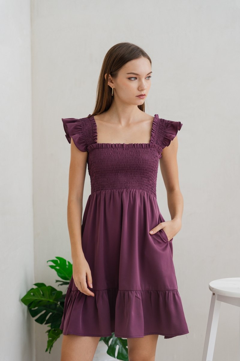 Erin Smocked Ruffle Dress in Deep Purple (XS)