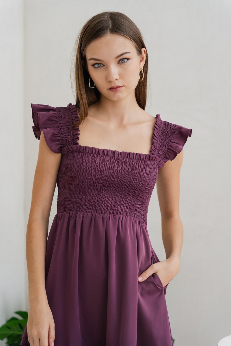 Erin Smocked Ruffle Dress in Deep Purple (XS)