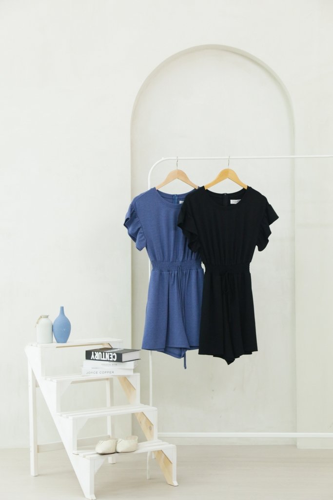 Zali Smocked Waist Cotton Romper in Denim Blue