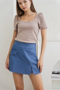 Talia Slit Denim Skort in Mid Wash