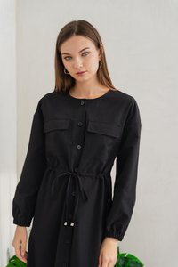 Doris Button Down Drawstring Midi Dress in Black